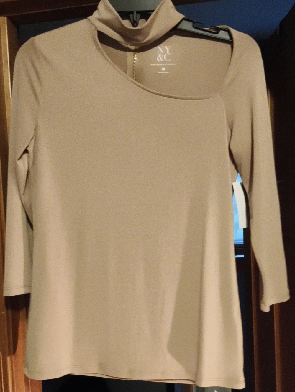 New York & Company Taupe Choker Neck Asymmetrical Long Sleeve Top S